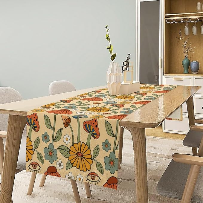 Retro Boho Floral Table Runner Funky Mushrooms Flowers Trippy Hippie Vintage Cottage Dinner Runner for Home Kitchen Dining Table Party Holiday Decor 13"x36"