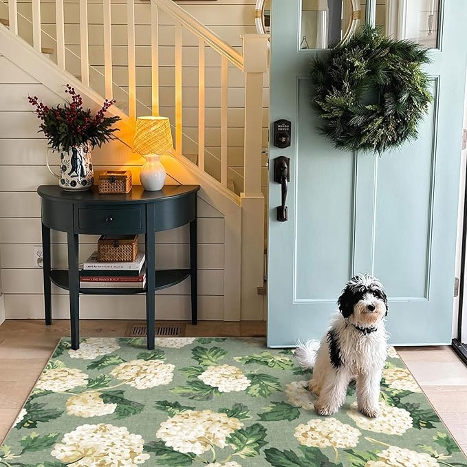 3x5 Floral Entry Rug - Small Washable Indoor Outdoor Mats for Front Door Non-Slip Porch Rug Sage Green Spring Flower Throw Rugs for Living Room Bedroom Entryway Kitchen Office Porch Decor