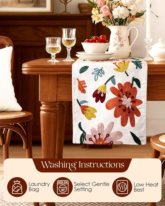 Canvas Embroidered Table Runner - 13"x 72" Coffee Table Runner for Living Room Tablerunner for Dining Room Washable Colorful Kitchen Island Counter Decor Housewarming Gift, Colorful Flower