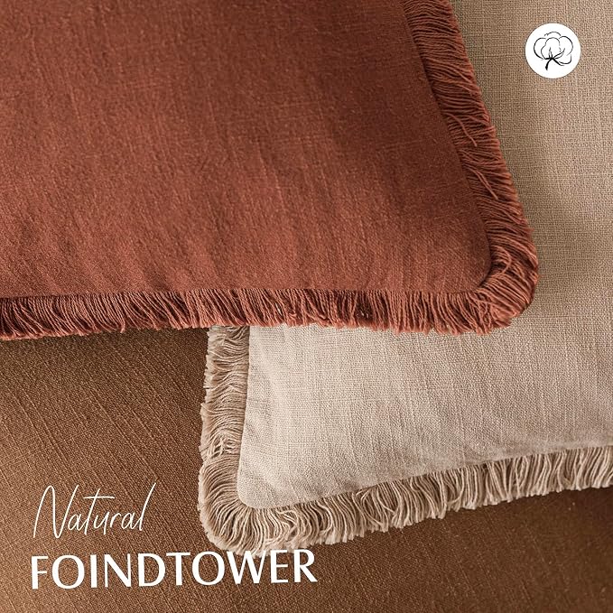 Foindtower Set of 2 Decorative Linen Fringe Lumbar Throw Pillow Covers Farmhouse Cushion Cover with Tassels Soft Accent Pillowcase for Couch Sofa Bed Living Room Home Decor,12×20 Inch,Orange Brown