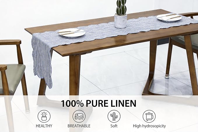 100% Natural Linen Rustic Scalloped Embroidery Table Runner 48 Inches, Linen Table Runner 14 x 48 Inch Ideal for Dresser and Dining Tables Decor, 2-4 Sets, Blue Stripe(Edges-Blue)