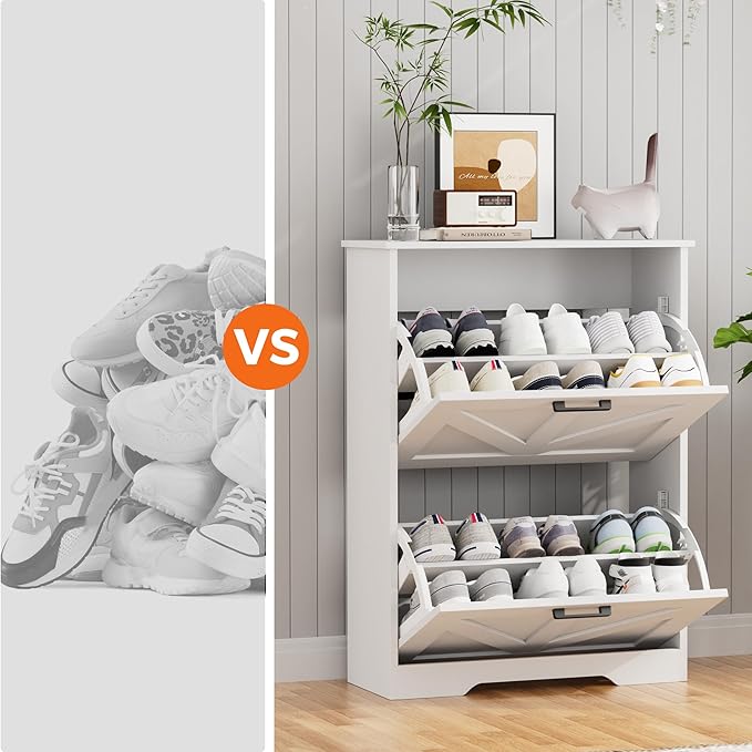 Homleke Farmhouse Shoe Cabinet for Entryway with Barn-Style Flip Drawers, Narrow Shoe Storage Organizer with Top Display Shelf, Adjustable Shelves, Shoe Rack for Hallway, Closet- (White, 24")