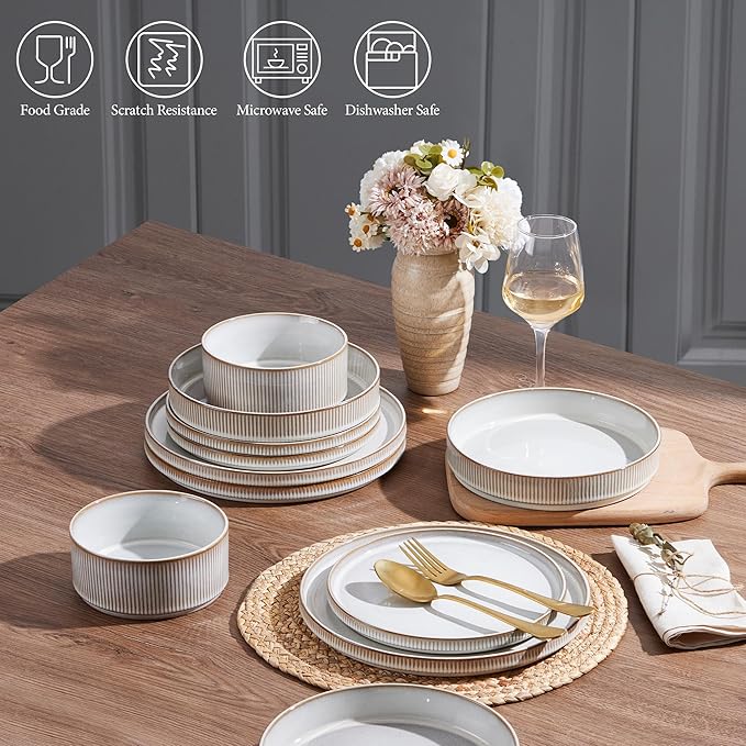E-far 16 Piece Dinnerware Sets, Plates and Bowls with Pasta Bowls Service for 4, Modern Stoneware Ribbed Dishes for Kitchen Dining, Microwave & Dishwasher Safe, Creamy Beige