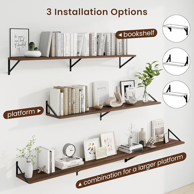 Axeman Deep Floating Shelves | 55 Inch Walnut Wall Shelves Set of 2 | 10 Inch Deep Wood Floating Shelves for Wall | 55" W x 10" D Walnut Shelves for Living Room Bathroom Kitchen
