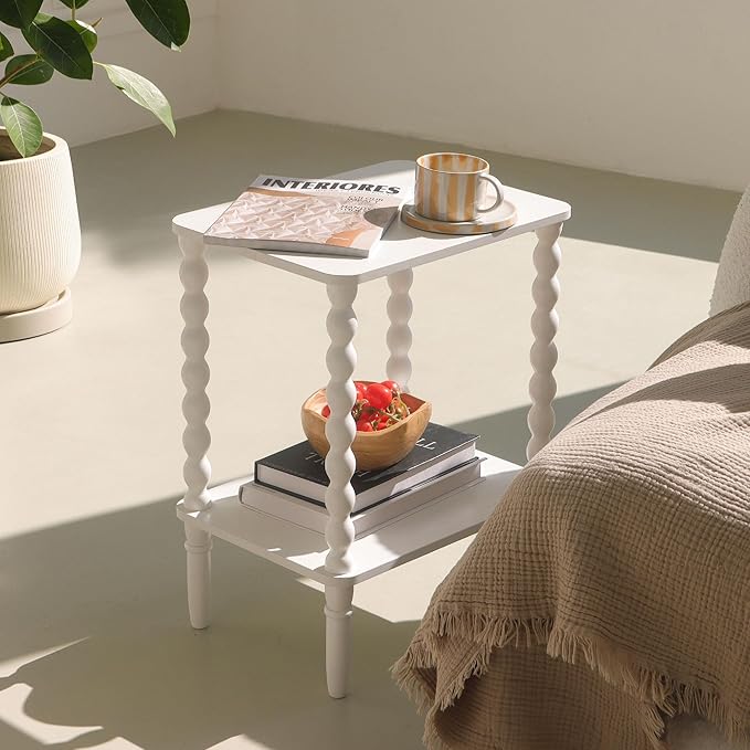 Fultyle White End Table, Small Side Table with Storage Shelf, 2-Tier Modern NightStand for Bedroom, Living Room, Small Spaces (White)