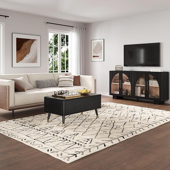 Lift Top Coffee Table with Storage, Modern Coffee Table with Solid Wood Legs, 38" Minimalist Fluted Center Table for Living Room, Home Office, Black