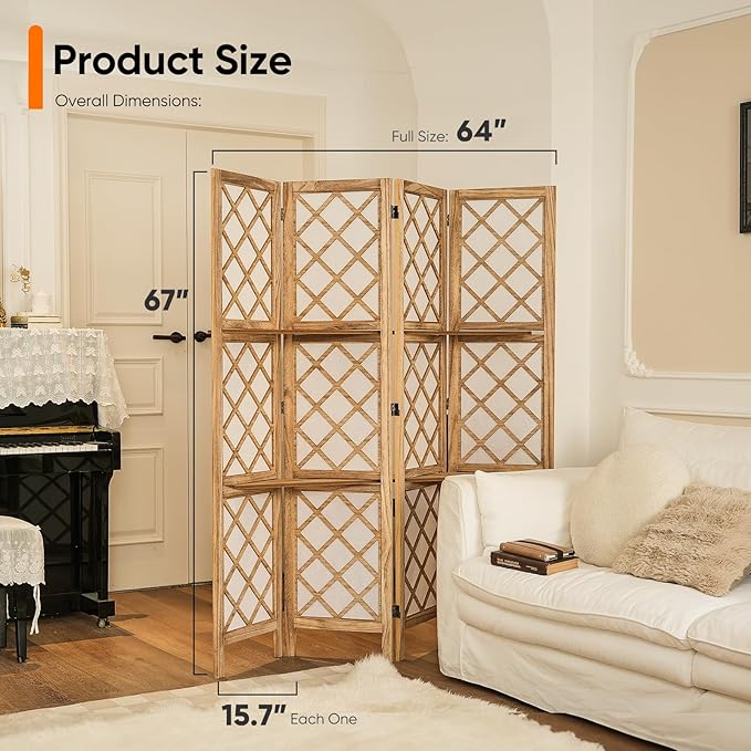 JOSTYLE Japanese Room Divider with Shelves, Shoji Screen Diamond Lattice Design, 4-Panel Lightweight Wooden Privacy Partition with Storage Board, 67" H x 64" W