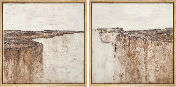 SIGNFORD Framed Canvas Print Wall Art Set Minimalist Abstract Canyon Cliff Neutral Earth Tone Landscape Modern Art Relax/Calm for Living Room, Bedroom, Office - 16"x16"x2 NATURAL