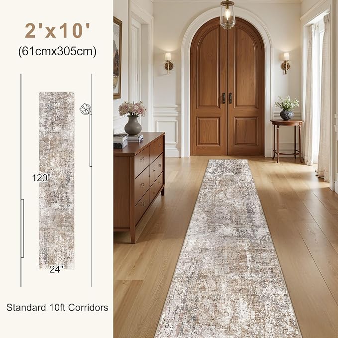 UERMEI 2x10 Washable Runner Rug for Hallway, Non Slip Low Pile Kitchen Carpet, Neutral Modern Abstract Indoor Floor Mat for Entryway Laundry, Kid & Pet Safe High Traffic Area, Brown/Grey/Red