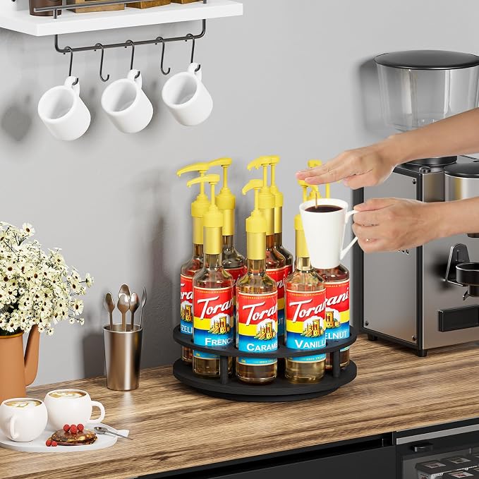 THYGIFTREE Rotating Coffee Syrup Organizer for Countertop, 9-Bottle Wooden Syrup Rack & Bottle Holder for Coffee Bar Station, Turntable Display Stand, Black