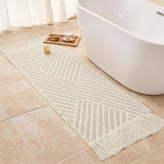 Waffle Bath Mat Non Slip, Boho Runner Rug, Super Absorbent Quick Dry Long Bath Runner Bathroom, Soft Farmhouse Bath Rug with Tassels, Washable Shower Mats for Floor 24"x48", Tassels Cream