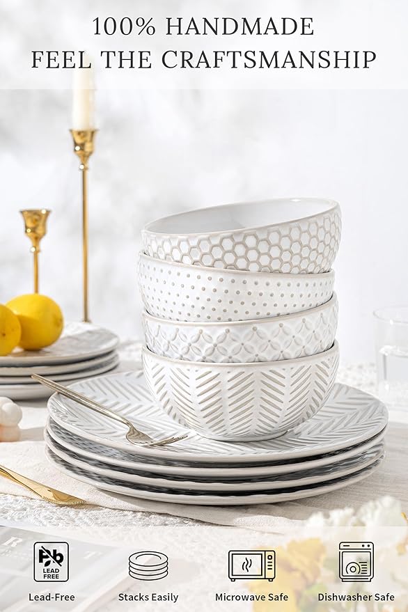 FOBENTA 24-Piece Ceramic Dinnerware Set,Large Plates and Bowls Set for 6,Elegant Dish Set for Families & Entertaining–Microwave & Dishwasher Safe Tableware (Double Bowl)