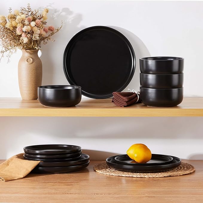 Herogo 12 Pieces Stoneware Dinnerware Sets Service for 4, Dinner Plates and Bowls Sets, Double Reactive Glaze Dishes Sets for Kitchen, Scratch Resistant, Microwave & Dishwasher Safe, Matte Black