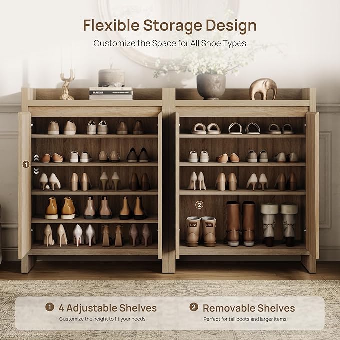 Sicotas Shoe Cabinet - Fluted Shoe Storage Cabinet with Thickened Panels for Entryway, 24-Pair Shoes Organizer with Doors & Adjustable Shelves, 6-Tier Shoe Rack Storage Cabinet for Hallway Living Room