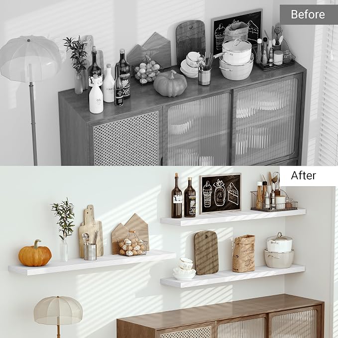 Vivelove 55" Long Floating Shelves for Wall, 10.3" Deeper & Thicker Storage Shelf for Living Room, Kitchen, Farmhouse,Wall Shelves with Invisible Brackets,Set of 1, White