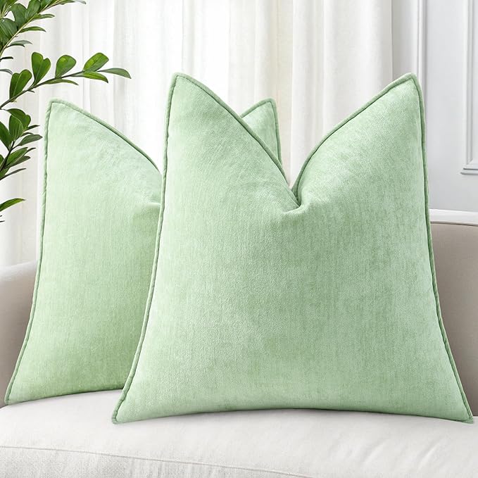 decorUhome Summer Couch Throw Pillow Covers 16x16 Set of 2, Decorative Soft Velvet Modern Cozy Chenille Pillow Cases with Elegant Design for Sofa Bed Living Room Home Decor, Sage Green