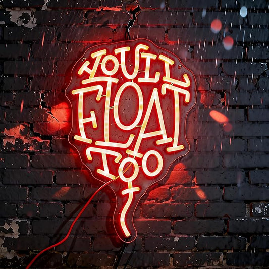 You'll Float Too Neon Sign, Dimmable LED Wall Light, USB Powered Horror Movie Decor for Gothic Room, Creepy Clown Fans, Spooky Halloween Wall Art & Scary Gift