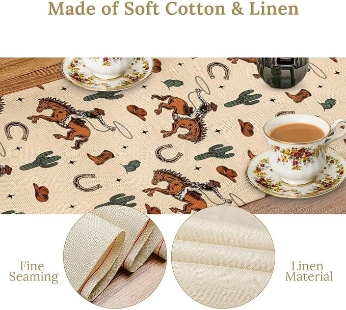 Boho Cowboy Table Runner, Western Rustic Country Horse Wild Tropical Cactus Desert Table Runner for Kitchen Dining Home Decoration, 13x70 Inch