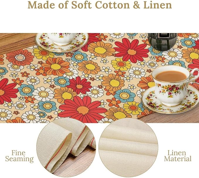 Hippie Floral Table Runner Groovy 1970s Vintage Colorful Rural Flower Retro Floral Printed Table Runner for Living Room Kitchen Dining Table Decoration 13x36in