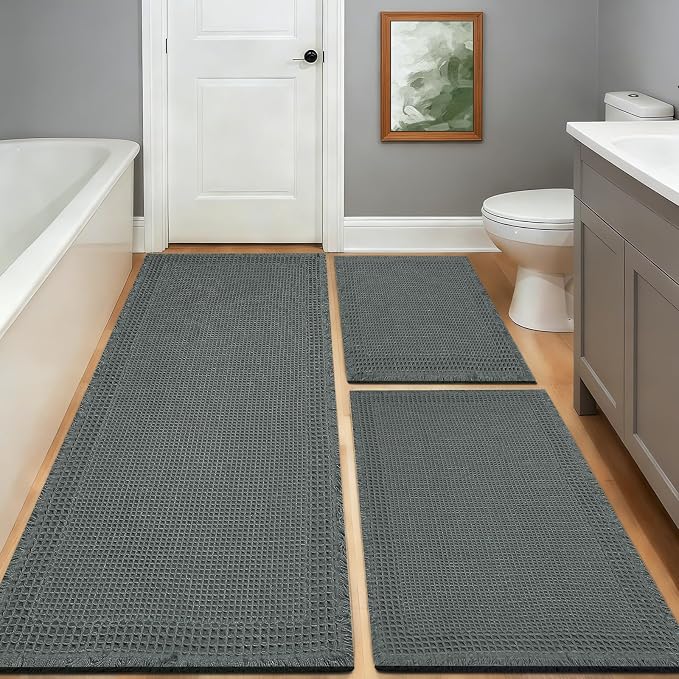 Waffle Bath Mat Set of 3 Non Slip Bathroom Rugs Bath Rug Runner Washable Bath Rugs Knit Bath Mats, Quick-Drying Floor Mat, Boho Tassel Style Suitable for Bathroom Floor, 24''x17''+24''x36''+24''x48''