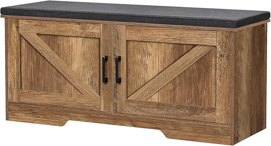 HOMSHO 2-Tier Storage Bench, 39.4" Wide Shoe Bench with Padded Seat Cushion, Entryway Bench with 2 Barn Doors and Adjustable Shelf, Rustic Walnut