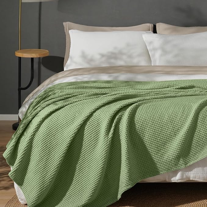 PHF Pre-Washed 100% Cotton Waffle Weave Blanket Queen Size for Bed,Snag Proof Throw Blanket for Couch Spring Summer Lightweight Breathable,Machine Washable, Home Decor Gift - Loden Green
