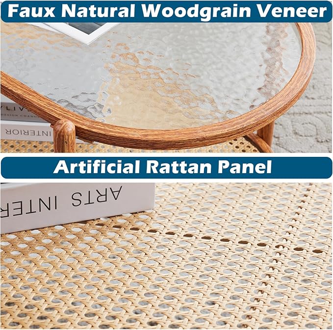 VINGLI 38" Rattan Oval Coffee Table, Water-Wave Glass Metal Center Table, Modern Coffees Table with 2-Tier Storage, Farmhouse Coffe Table for Living Room and Small Space, Natural Vibe