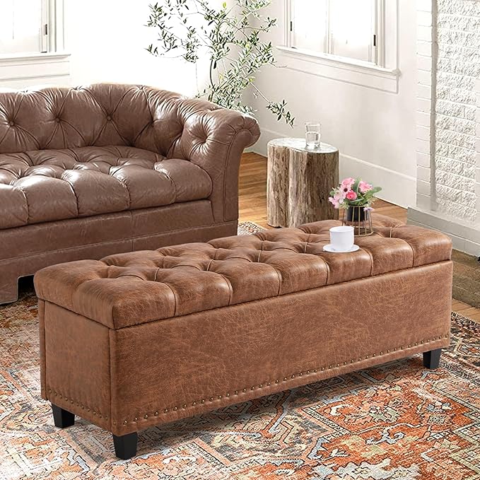 Ottoman with Storage, 51" Storage Bench Ottoman for Bedroom, End of Bed Benchs with Button-Tufted, Upholstered Rectangle Long Foot Rest Benchs for Entryway Living Room (Brown)