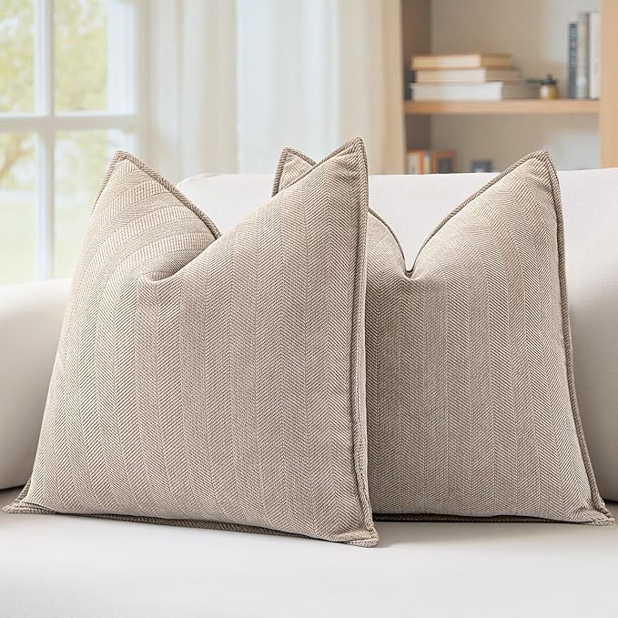 MIULEE Pack of 2 Beige Decorative Pillow Covers 22x22 Inch Soft Chenille Luxurious Couch Throw Pillows Farmhouse Cushion Covers Euro Shams with Elegant Design for Sofa Bed Living Room Spring Decor