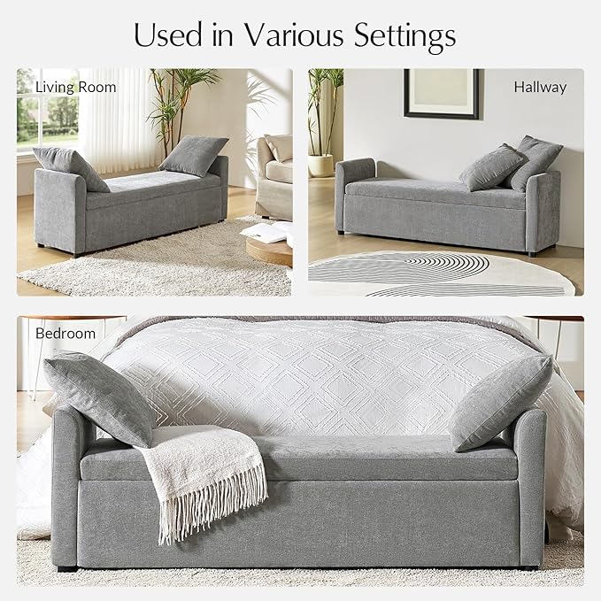 59.5" Modern Storage Ottoman Bedroom Bench, End of Bed Bench with Arms and Throw Pillows, Footrest Stool for Living, Dining Room, Entryway and Hallway, Grey