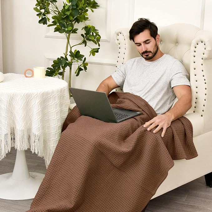 PHF Pre-Washed Cotton Waffle Weave Blanket Throw Size for Couch Bed,Snag Proof Spring Summer Lightweight Breathable,Oeko-TEX Certified,Machine Washable, Home Decor Gift，Cappuccino