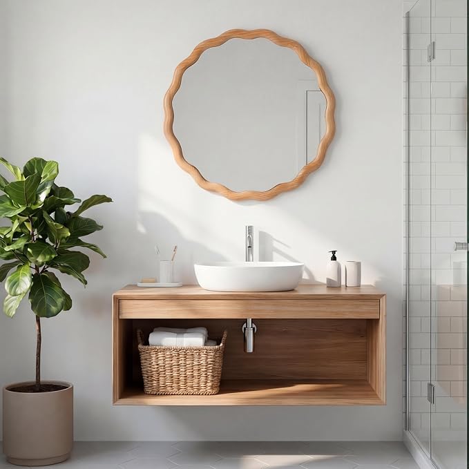 PERFNIQUE Scalloped Round Mirror 24", Wood Framed Nursery Wall Mirror with Tempered Glass, Decorative Wavy Edge Circle Mirror for Bedroom, Entryway or Living Room