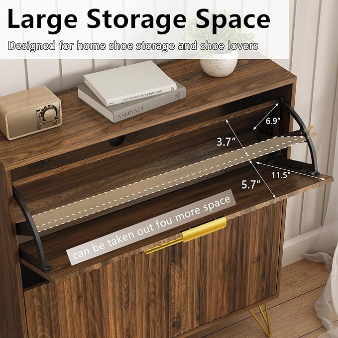 Shoe Storage Cabinet with 2 Flip Drawers, 31.5" W Fluted Shoe Cabinet for Entryway, Hidden Shoe Cabinet Storage, Narrow Free Standing Shoe Orgnaizer Rack Cabinet for Foyer Hallway, Natural