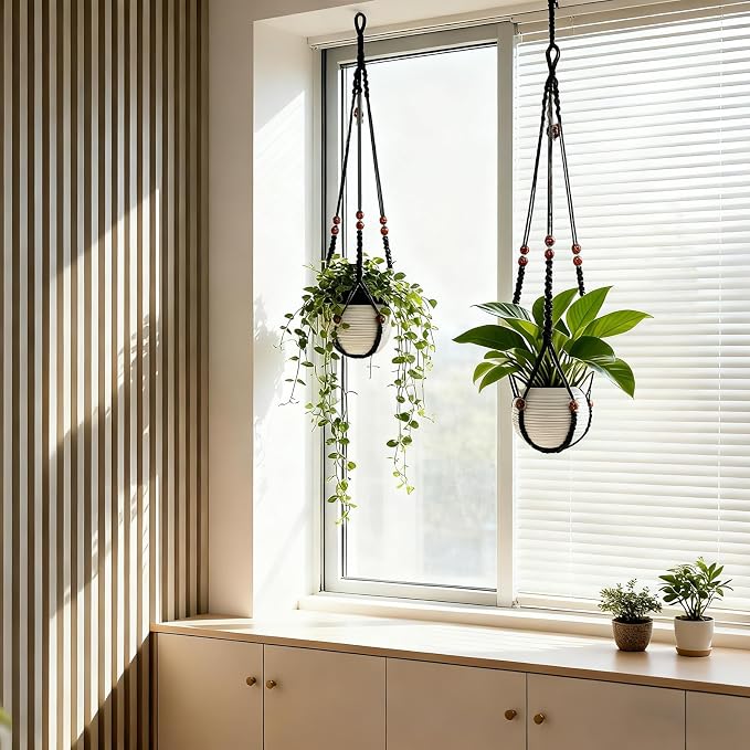 35 Inch Macrame Plant Hanger, Large for up to 15 Inch Pot Extra Long Hanging Planter Holder Basket with Wood Beads for Indoor Outdoor Home Decor (Black, 1-Pack)