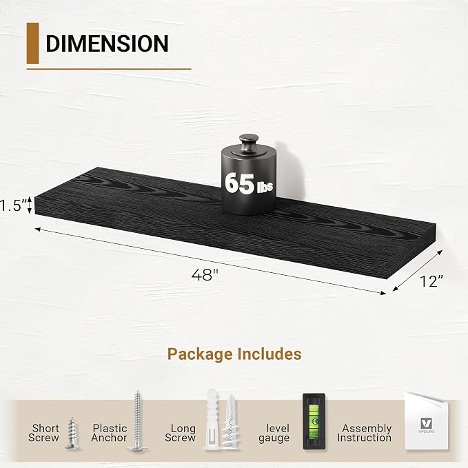 Vivelove Black Floating Shelves for Wall 48 Inches Wide, 12" Deep Wall Shelves for Bedroom, Bathroom, Living Room, Kitchen, Office, Home Decor Shelf with Invisible Brackets, 48X12X1.5 Set of 2