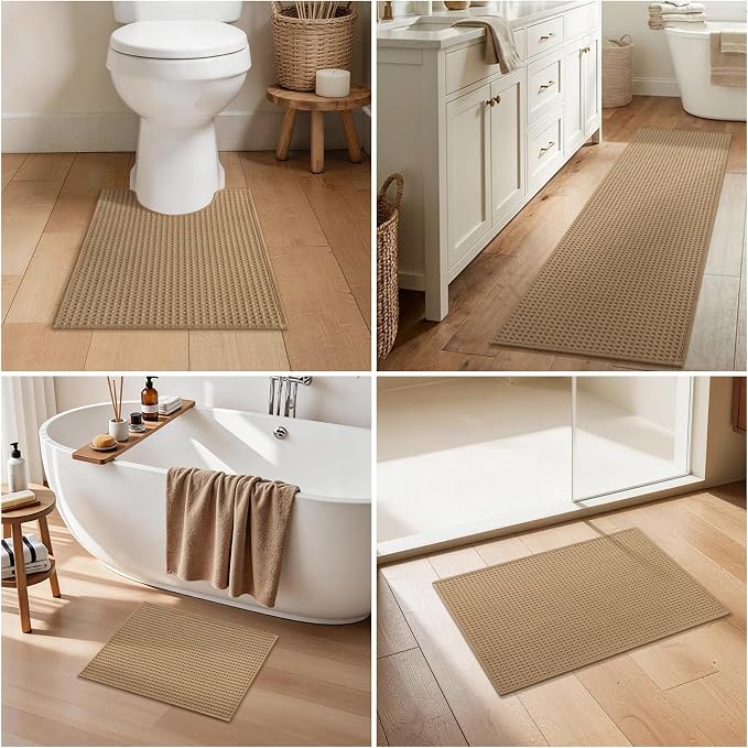 YIHOUSE Waffle Ultra Thin Bath Mat, Soft & Absorbent Bathroom Rug, Non-Slip Rubber Backed, Quick Dry Shower Mat, Boho Farmhouse Bathroom Decor, Machine Washable, Khaki, 17 * 24 (U-Shape)