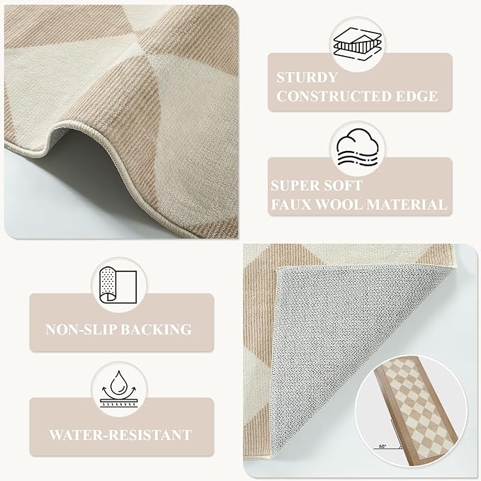 Beeiva Checkered Print Carpet Runners for Hallway 6ft, Beige Ultra Thin Washable Kitchen Runner Rug Non Slip, Moroccan Plaid Checkerboard Decor Faux Wool 2x6 Rug for Bedroom Bathroom Entryway