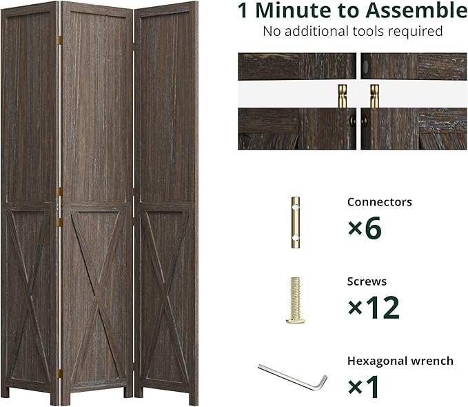 Cozy Castle 3 Panel Folding Room Divider, Solid Wood Privacy Screen, Freestanding Partition Wall, Temporary Wall for Home/Office/Bedroom/Restaurant, Rustic Brown