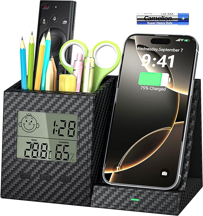 Multifunctional Pen Holder and Organizer for Desk with Wireless Charger, Digital Indoor Thermometer and Humidity Gauge, Home Office Organizers and Storage (Battery Included)
