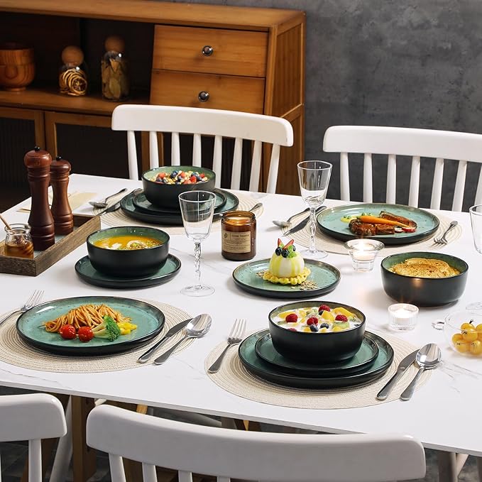vancasso Plates and Bowls Sets, 24 Pieces Stoneware Dinnerware Sets for 8, Kitchen Dish Set Mircowave and Dishwasher Safe Ceramic Dishware, Turf Green, Series AMBER