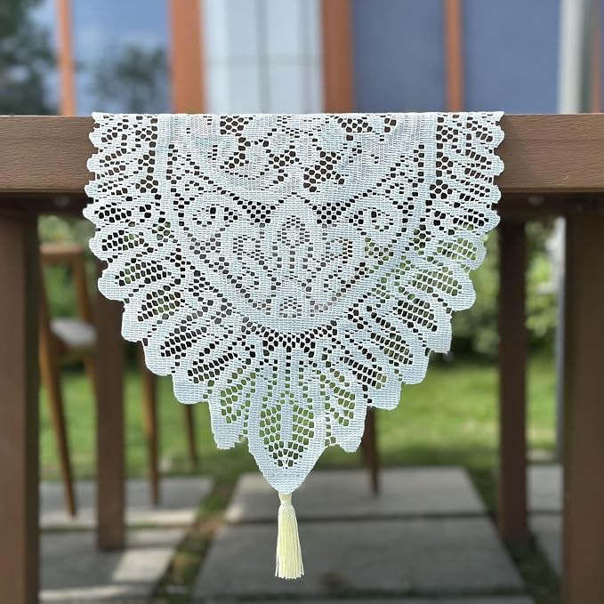 2Pcs Lace Table Runners with Tassels, Farmhouse Boho Doily Vintage Floral Dollies for Tables Dresser Nightstand Decor, 13"x45" (White)