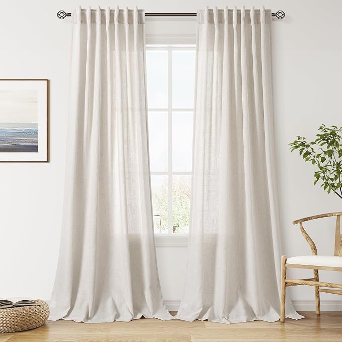 Nanspring Pearl White Linen Curtains 120 Inches Long for Living Room Light Filtering Semi Sheer Curtain Back Tab Coastal Decor Long Floor to Ceiling High Window for Bedroom Office 52x120, 2 Panels