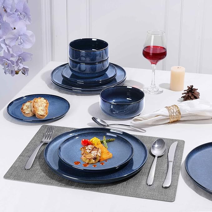 Herogo 6 Pieces Stoneware Dinnerware Sets Service for 2, Dinner Plates and Bowls Sets, Double Reactive Glaze Dishes Set for Kitchen, Scratch Resistant, Microwave & Dishwasher Safe, Starry Blue