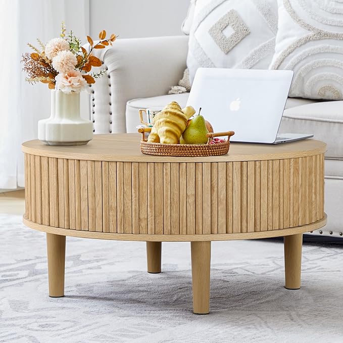Janmer Home Round Lift Top Coffee Table with Storage, Fluted Mid Century Modern Coffee Tables, Small Space,31.5" Wooden Center Table for Living Room, Apartment, Office (Natural)