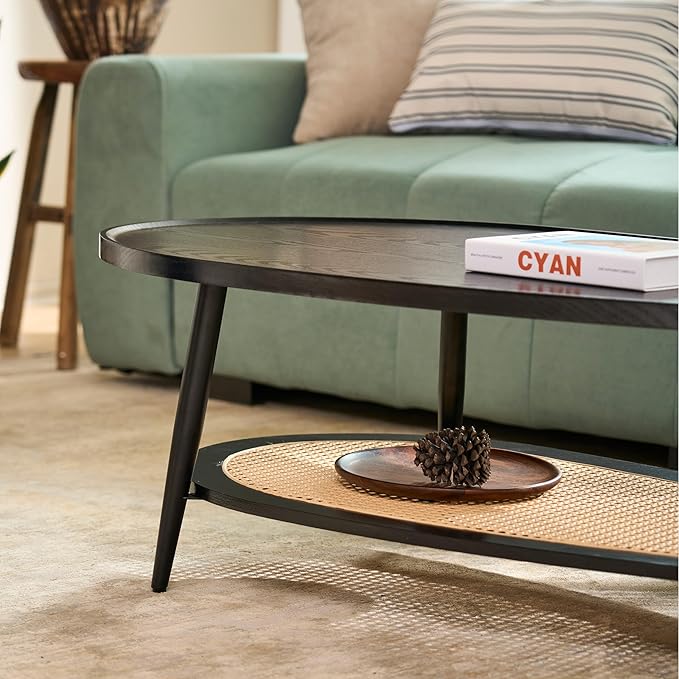 AGV LIGHTING Oval Coffee Table with Storage Shelf, 47" Mid Century Modern Coffee Table for Living Room, Black Wood Finish MDF Top with Rattan Shelf