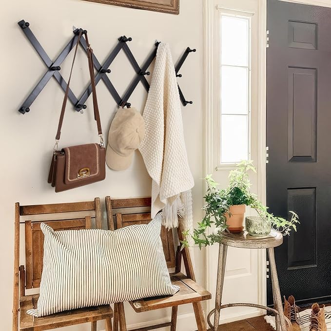 SCUNDA Wall Rack with 14 Hooks, Wooden Wall Expandable Coat Rack for Coat, Hats, Baseball Caps, Coffee Mug, Jewelry(Black)