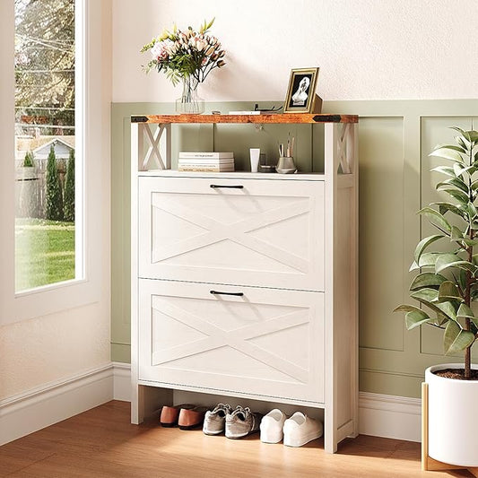 VINGLI Farmhouse Shoe Cabinet with 2 Flip Drawers, Slim Entryway Shoe Storage Organizer with Open Shelf, Freestanding Wood Shoe Rack for Hallway, Rustic White & Brown (31.5" W)