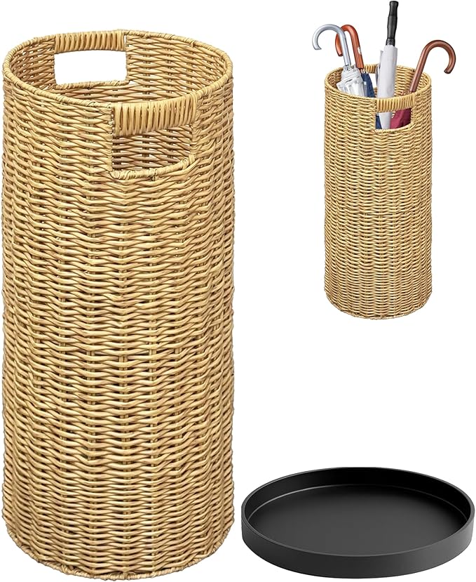 Rattan Umbrella Holder 21" H X 10" D, Handmade Wicker Umbrella Stand Indoor with Dip Tray, Sturdy Umbrella Holders for Entryway, Umbrella Bucket Fits Mudroom,Walking Canes,Home,Office (Oak)