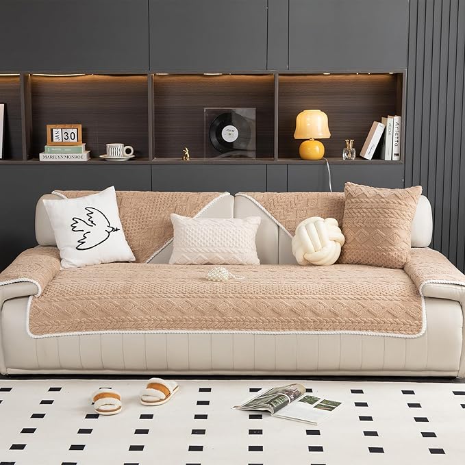 Geometric Jacquard Plush Warm Sofa Couch Cover, Soft Funny Fuzzy Couch Covers, Non Slip Sectional Sofa Slipcover, Cozy Washable Furniture Protector for Kids, Pets (Khaki, 36"x 63")