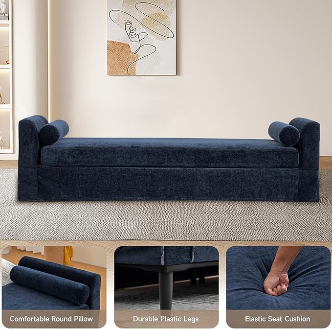 Chifee & Vingol 90.55" W Oversized Chaise Lounge Upholstered Bedroom Benches Extra-Long Indoor Bench Entryway Bench with Removable Pillows for Living Room Hallway,Navy